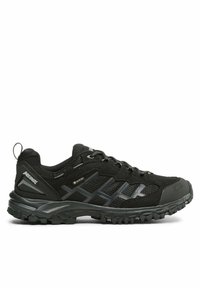 Czarne buty trekkingowe wykonane z oddychającej siateczki i materiałów syntetycznych, charakteryzujące się teksturowaną podeszwą, wzmocnionym czubkiem oraz akcentami Gore-Tex.