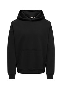 Mustavärinen huppari, joka on valmistettu pehmeästä puuvillakankaasta. Hupparissa on etutasku, naruvarustus huppua varten ja ribattu helma sekä hihansuut. Yksinkertainen muotoilu.