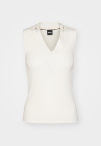 Top bianco senza maniche con lavorazione a coste, caratterizzato da un scollatura a V e un bordo interno a contrasto, che mette in risalto un design semplice e aderente.