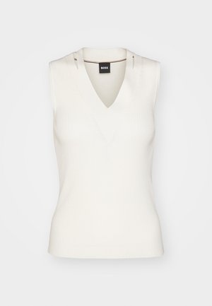 Sleeveless white ribbed top featuring a V-neckline and contrasting inner trim, highlighting a simple and fitted design.
