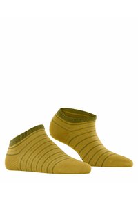 Grün-gelb gestreifte Knöchelsocken mit einem gerippten Bündchen, aus einem weichen, elastischen Material gefertigt und mit einem nahtlosen Zehenbereich.