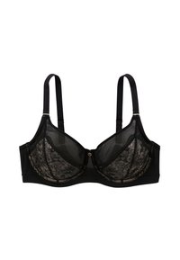 Soutien-gorge noir avec des détails en dentelle florale, bonnets avec armatures, bretelles ajustables et fermeture à crochet. Bandeau lisse dans le dos. Matériaux transparents et texturés.