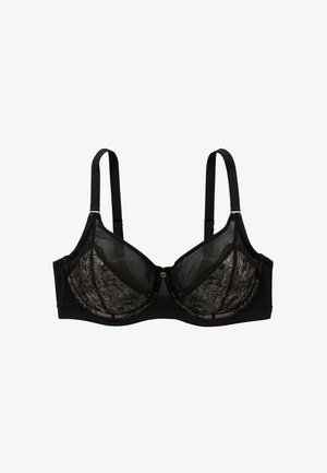 Soutien-gorge noir avec des détails en dentelle florale, bonnets avec armatures, bretelles ajustables et fermeture à crochet. Bandeau lisse dans le dos. Matériaux transparents et texturés.