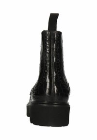 Botas Chelsea de imitación de cuero negro con un patrón de cocodrilo texturizado, suela de goma gruesa y tira en la parte trasera para ponérselas fácilmente.