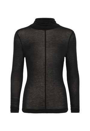 Juodas ilgas rankovėmis polo megztinis, pagamintas iš lengvos permatomos medžiagos. Yra minkšti, raukšlėti rankovės ir subtilus siūlės detalizavimas gale.