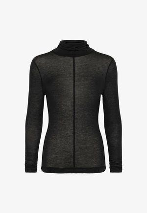 Zwart longsleeve coltrui gemaakt van lichtgewicht, doorschijnende stof. Kenmerkt zich door zachte, geraffineerde mouwen en een subtiele achternaad.