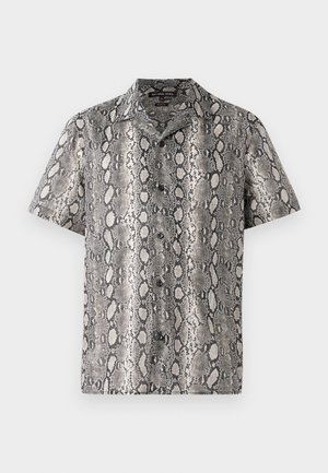 Juodos ir baltos spalvos trumpomis rankovėmis marškiniai su gyvatės odos raštu, su iškirpte ir sagų detale priekyje. Pagaminti iš lengvos medžiagos.