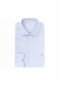 Camisa de vestir a rayas cuadro en azul claro, con collar abotonado, mangas largas y puños doblados. Etiqueta visible en el interior del collar. Tejido de algodón ligero.