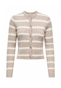 Beige en witte gestreepte kabelgebreide cardigan met lange mouwen, ronde halslijn en vijf knopen aan de voorkant.