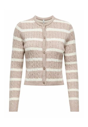 Beige en witte gestreepte kabelgebreide cardigan met lange mouwen, ronde halslijn en vijf knopen aan de voorkant.