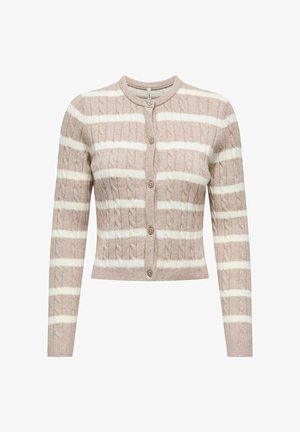 Cardigan a maglia cable a righe beige e bianche con maniche lunghe, scollatura rotonda e cinque bottoni frontali.