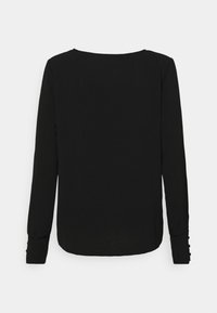 Schwarzes Langarmoberteil mit rundem Halsausschnitt, gerafften Manschetten mit Knopfdetails und einer glatten, leichten Stofftextur.