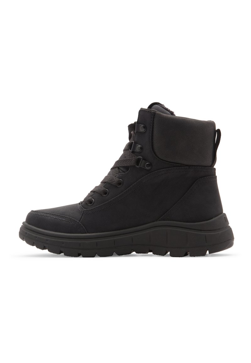 Bottes noires avec un dessus en cuir lisse et textile, bout rond, devant à lacets, col rembourré et semelle en caoutchouc épaisse avec grip.