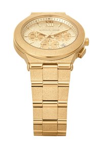 Orologio Michael Kors in tonalità oro con quadrante texturizzato, tre subquadranti, finestra della data e design della bracciale a maglie. Presenta finiture lucide e opache.