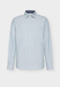 Ανοιχτό μπλε πουκάμισο μακρύ μανίκι με λευκές κάθετες ρίγες, κολάρο με κουμπιά και αντίθετο σκούρο μπλε εσωτερικό κολάρο. Απαλή βαμβακερή ύφανση.