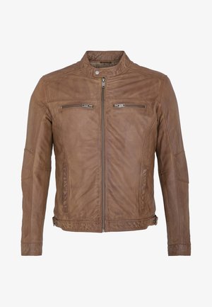 Braune Lederjacke mit Stehkragen, zwei verschließbaren Brusttaschen und geradem Schnitt. Glatte Textur mit feinen Farbvariationen.