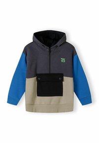 Sweat-shirt à capuche en mélange de coton ; présente des panneaux gris, bleu et beige ; fermeture à glissière sur le devant et poche noire avec boutons-pression.
