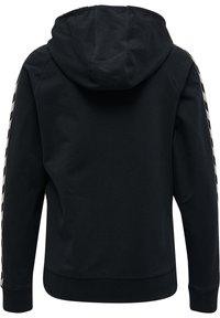 Felpa nera con cappuccio, caratterizzata da una finitura testurizzata, con strisce a pattern contrastanti lungo le maniche e un orlo a coste.