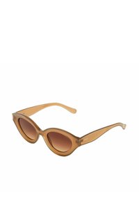 Occhiali da sole cat-eye retro marroni con montatura traslucida e lenti graduated marroni. Presentano una superficie liscia e lucida con stanghette sottili.