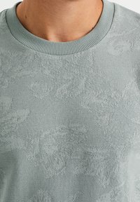 Långärmad stickad tröja i ljusgrön, med ett texturerat blommönster och en ribbad krage. Tyget har en mjuk, slät yta.