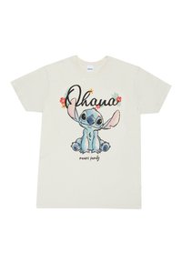 Kremowa bawełniana koszulka z nadrukiem postaci z kreskówek o niebieskiej skórze i dużych uszach, otoczona napisem „Ohana oznacza rodzinę” oraz kwiatowymi akcentami.