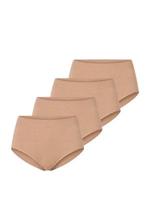 Cztery beżowe damskie majtki z wysokim stanem ułożone w przesunięty, nachodzący na siebie rząd na białym tle.