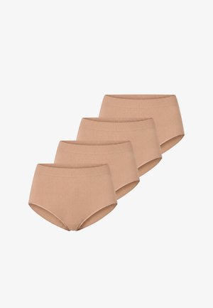 Fire beige højttaljede dameunderbukser arrangeret i en forskudt overlappende række på en hvid baggrund.