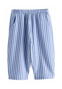 Pantaloni corti a righe blu in cotone, con righe verticali bianche, vita elastica e tasche laterali. Tessuto morbido, design fino al ginocchio.