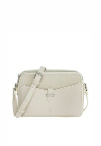 Jasno-beżowa torebka crossbody wykonana z teksturowanej skóry, z gładką górną panelą, zapięciem na zamek, regulowanym paskiem oraz minimalistycznym zapięciem.