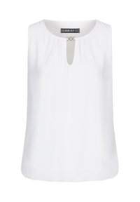 White sleeveless top featuring a keyhole neckline with decorative hardware, gently gathered fabric, and a smooth texture. Suitable for casual wear.