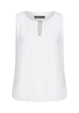 Witte mouwloze top met een sleutelgat-halslijn en decoratieve hardware, zacht geraffineerde stof en een gladde textuur. Geschikt voor casual wear.