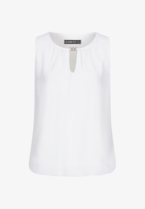 Top alb fără mâneci, cu un decolteu tip cheie și elemente decorative, din material ușor gathered și cu o textură netedă. Potrivit pentru ținute casual.