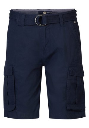 Mørkeblå cargo shorts med sidelommer og et matchende stofbælte med en dobbelt metalring spænde.