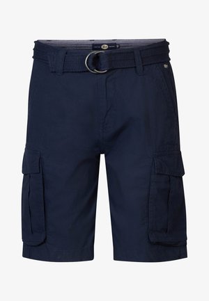 Navy blue cargo shorts with side pockets and a matching fabric belt featuring a double metal ring buckle.