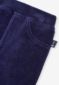 Navyblauwe corduroy broek met een zachte textuur, twee zijzakken en een tailleband. Inclusief een klein merklabel aan de zijkant.