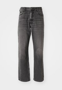 Gray denim jeans with a straight leg design. Features five pockets and a button closure. The fabric has a subtle faded texture.