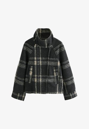 Plaid wool coat in dark gray and cream, featuring a high collar, wide sleeves, and two front pockets. Textured fabric with a soft finish.