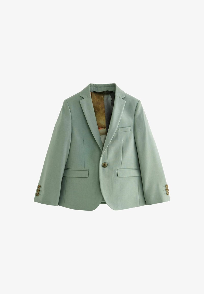 Blazer pour homme vert clair à un bouton, avec revers crantés, poches à rabat et boutons marron aux poignets, présenté sur fond blanc.