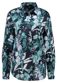 Camicia con maniche lunghe e bottoni, con sfondo scuro e stampa floreale in verde, bianco e rosa chiaro, dotata di colletto a punta e polsini.