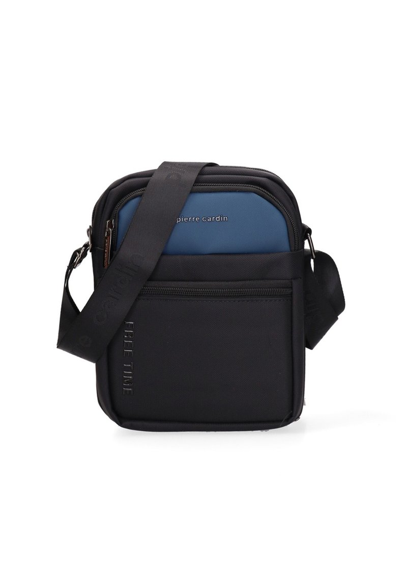 Borsa a tracolla nera con un pannello frontale blu, realizzata in tessuto resistente. Presenta un compartimento principale con zip e una tracolla regolabile.