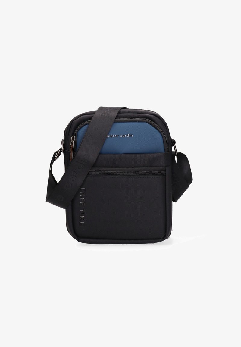 Borsa a tracolla nera con un pannello frontale blu, realizzata in tessuto resistente. Presenta un compartimento principale con zip e una tracolla regolabile.