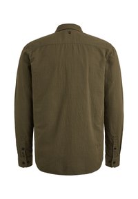 Camicetta olive green a maniche lunghe realizzata in tessuto testurizzato, con colletto standard e polsini con bottone. Sottile motivo a righe verticali.