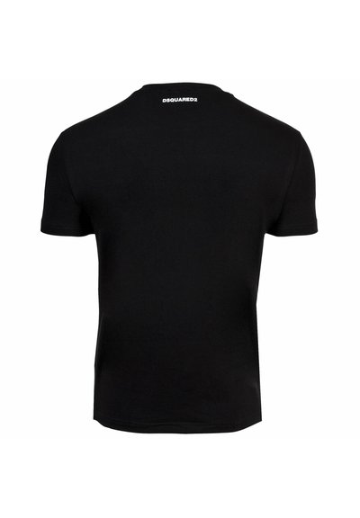 Maglietta nera a maniche corte mostrata da dietro con il logo "DSQUARED2" stampato in bianco vicino al collo.