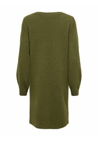 Robe-pull tricotée vert olive à manches longues avec un col rond et des poignets côtelés, vue de dos sur fond blanc.