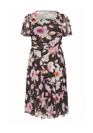 Schwarzes knielanges Kleid mit pinkem, weißem und orangem Blumenmuster, kurzen Flügelärmeln und einem gerafften quadratischen Ausschnitt.