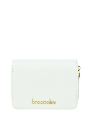 Portafoglio rettangolare bianco con cerniera dorata sul lato e logo "braccialini" dorato centrato sul davanti.