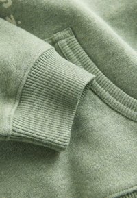 Sudadera verde con puños acanalados y una superficie texturizada. El material parece suave y ligeramente peludo, con un diseño casual.
