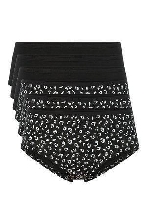 Schwarzes Baumwollunterwäsche-Pack mit fünf Einheiten. Zwei haben ein weißes Leopardenmuster; drei sind einfarbig schwarz. Design mit elastischem Bund.