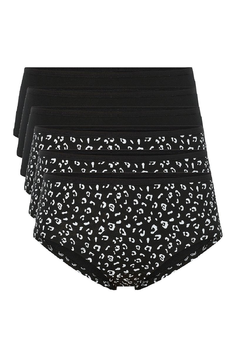 Zwart katoenen ondergoedpakket met vijf stuks. Twee hebben een witte panterprint; drie zijn volledig zwart. Ontwerp met elastische tailleband.