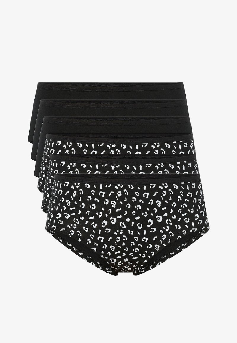 Zwart katoenen ondergoedpakket met vijf stuks. Twee hebben een witte panterprint; drie zijn volledig zwart. Ontwerp met elastische tailleband.